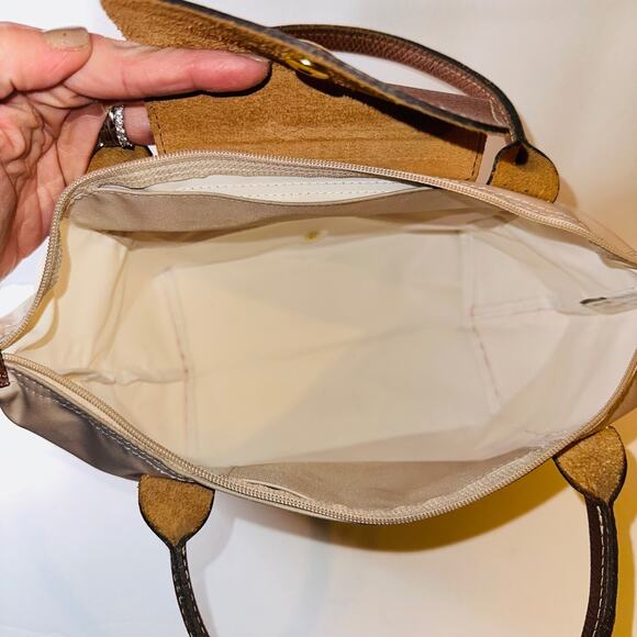 Auth LONGCHAMP Le Preage Original - Cream Dark Brown Nylon Leather Handbag - Picture 11 of 14